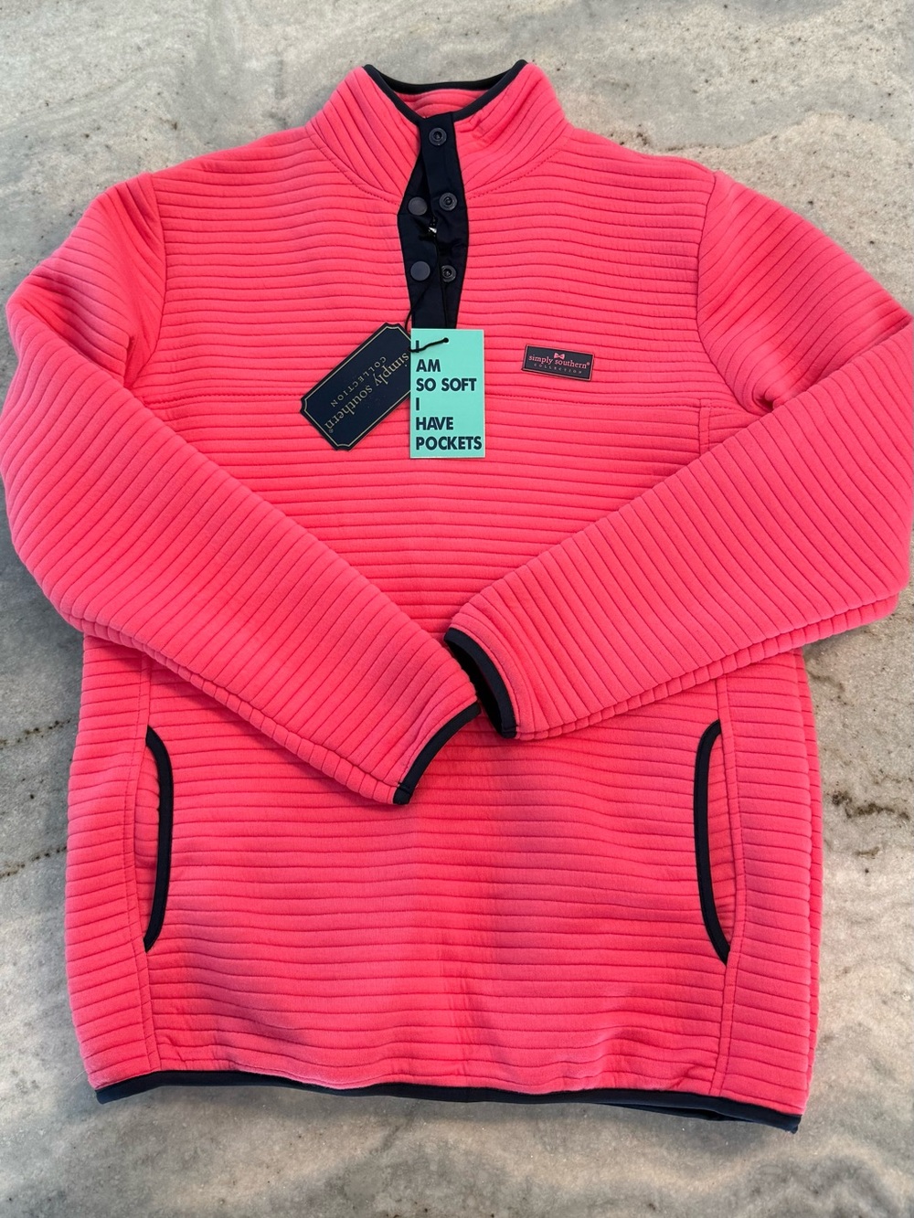 NWT Simply Southern Coral Ribbed Quarter-Snap Pullover with Navy Accents size M